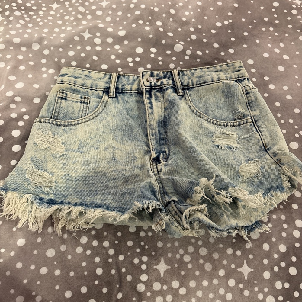 SHEIN Blue Distressed Jean Shorts with Frayed Hem